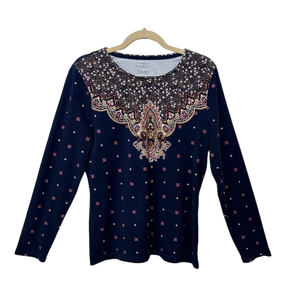 Talbots Women's Tee T-Shirt Top Pullover L Floral Paisley Long Sleeve Jersey EUC